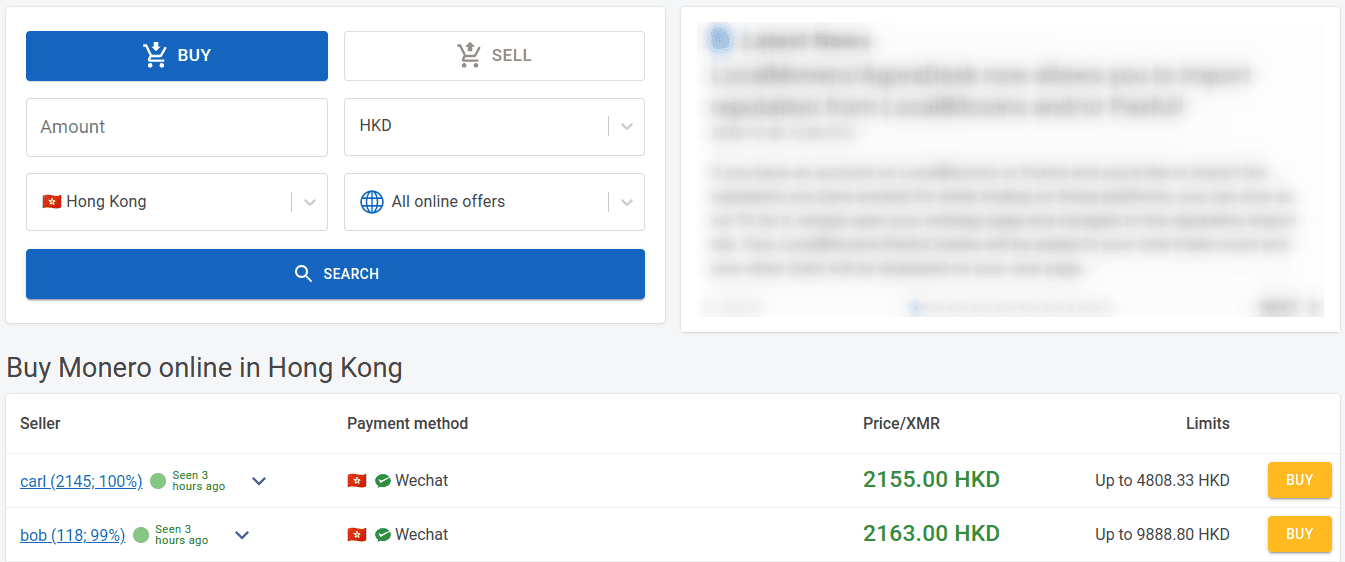 buy monero online: search options to select currency, country and payment method