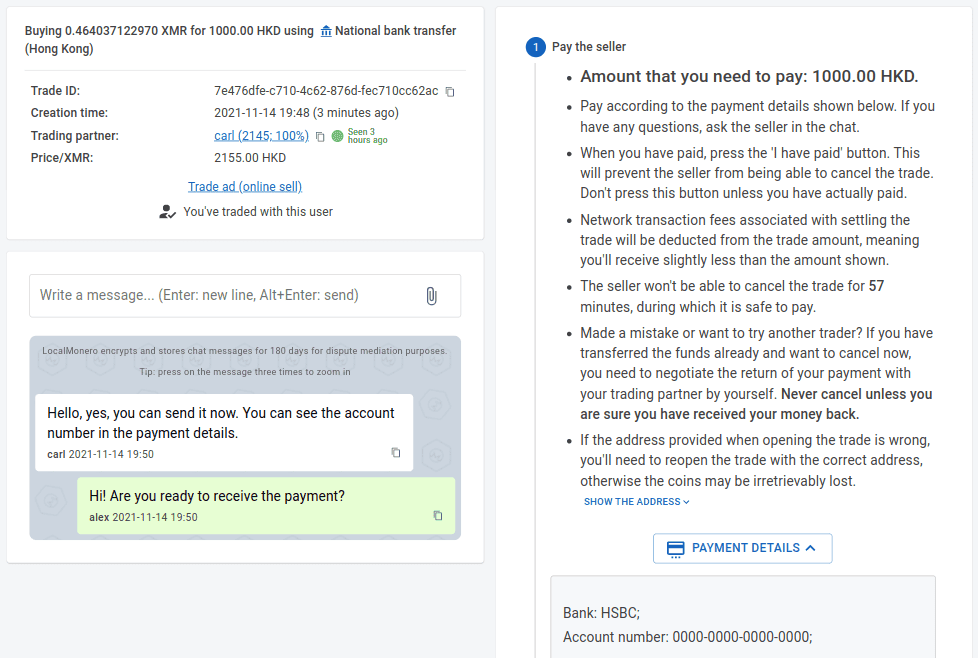 buying monero online trade window, showing chat, trade status and 'I have paid' button