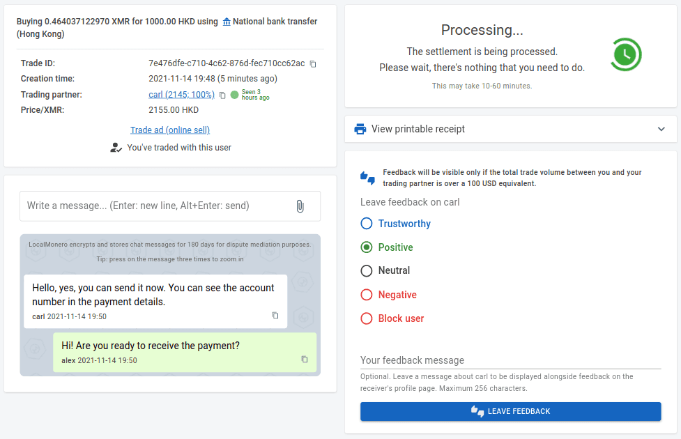 buying monero online trade window, showing chat, trade status and 'I have paid' button