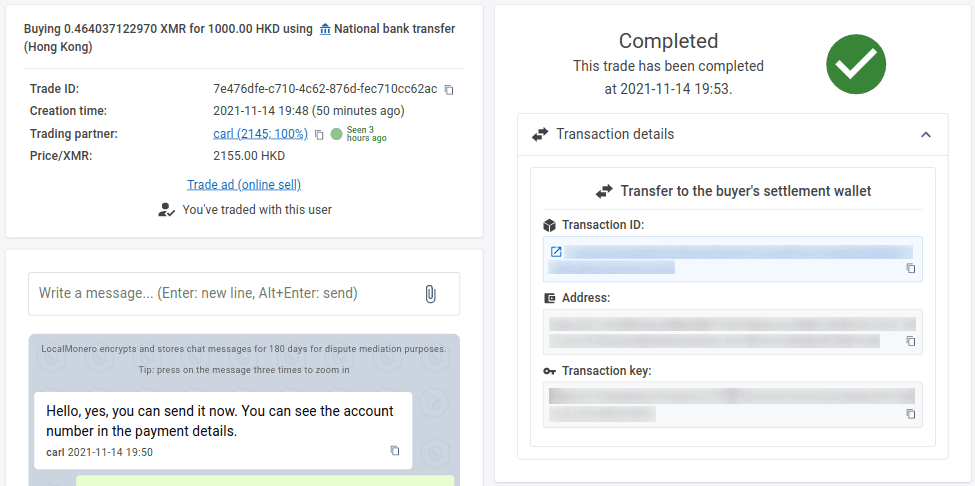 buying monero online trade window, showing chat, trade status and 'I have paid' button