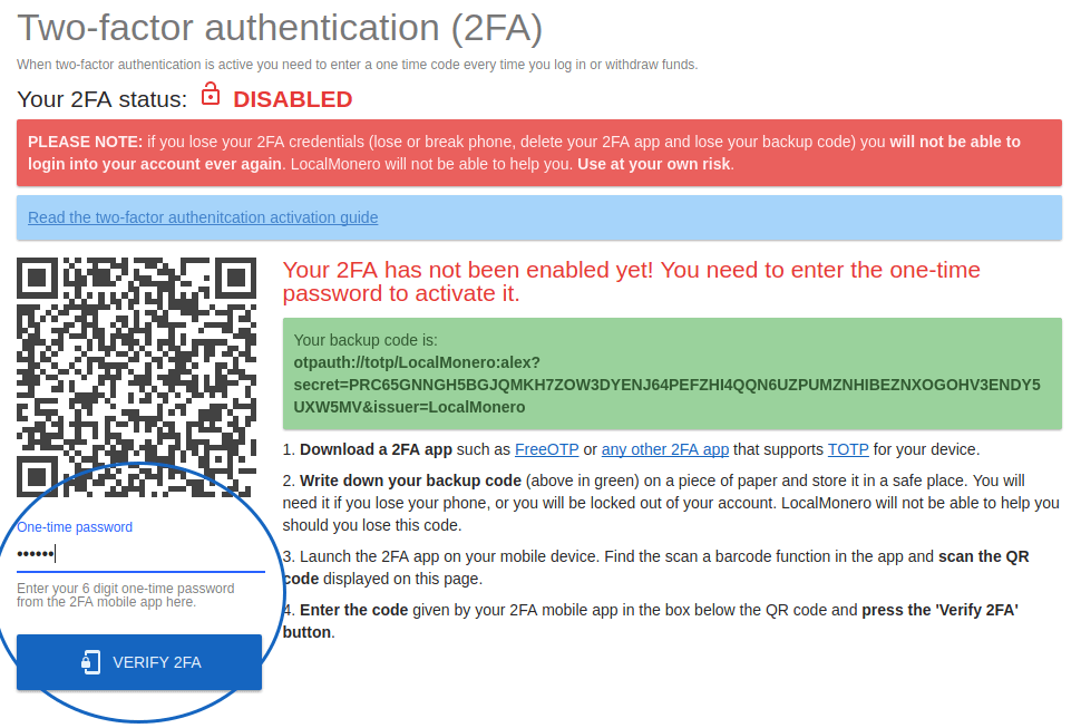2fa confirmation page with one time password input marked