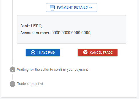 buying monero online trade window, showing chat, trade status and 'I have paid' button