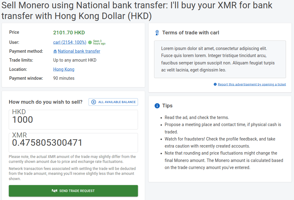 sell monero ad details, terms of trade and trade amount input
