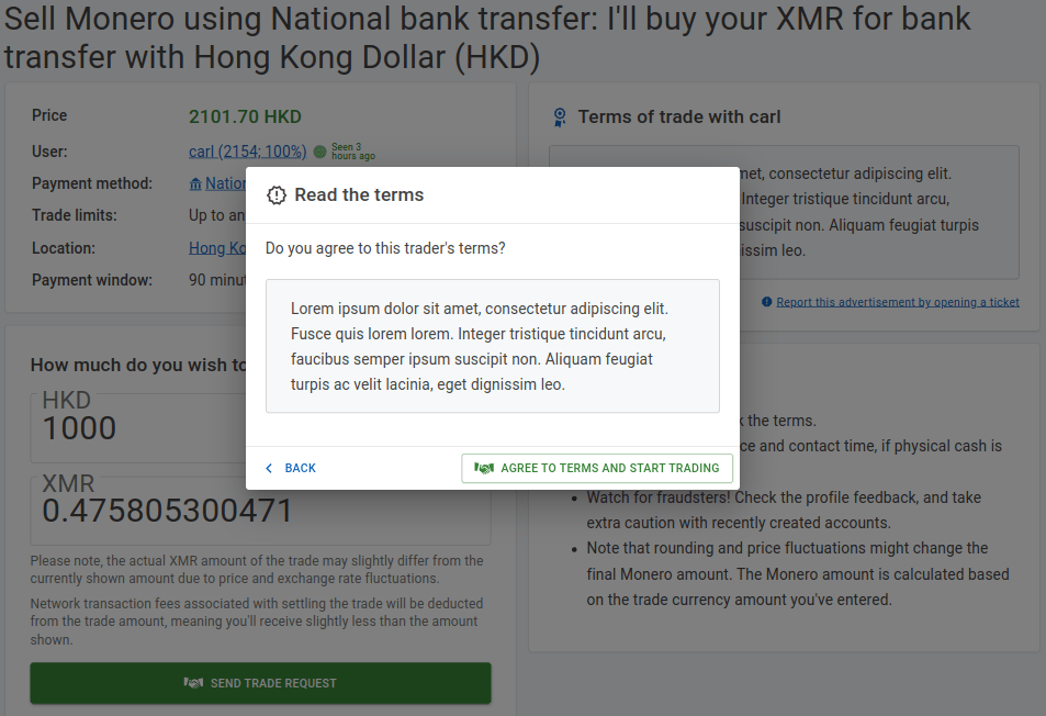 sell monero online trade window, showing chat, trade status and 'I have paid' button